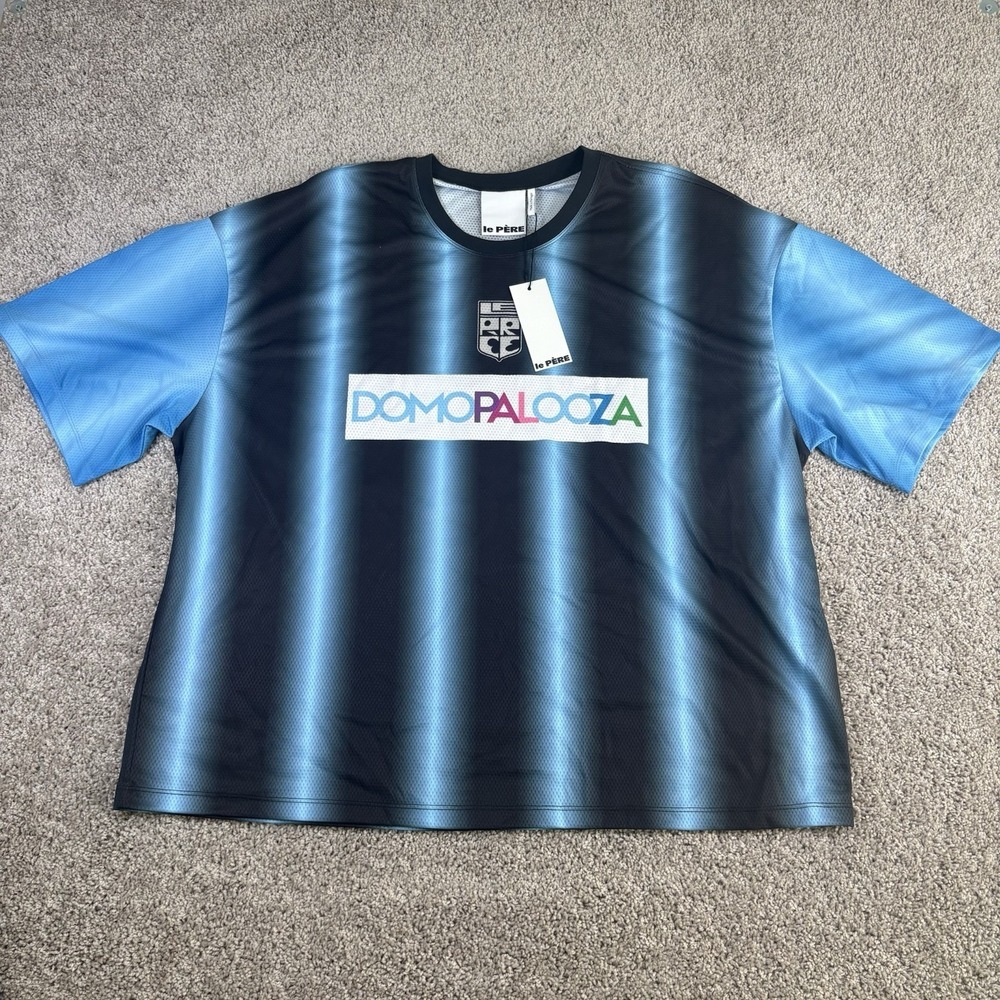 le PERE Mesh Jersey Mens XXL Domopalooza Black Blue Stripe Soccer Gorpcore